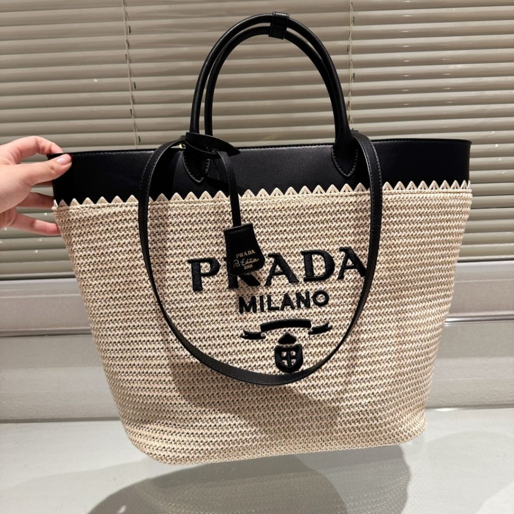Prada Crochet And Leather Tote Bag Tan And Black 33Cm 1Bg499 2M2Q F0I55 V Goo - Image 3