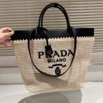 Prada Crochet And Leather Tote Bag Tan And Black 33Cm 1Bg499 2M2Q F0I55 V Goo - Image 3