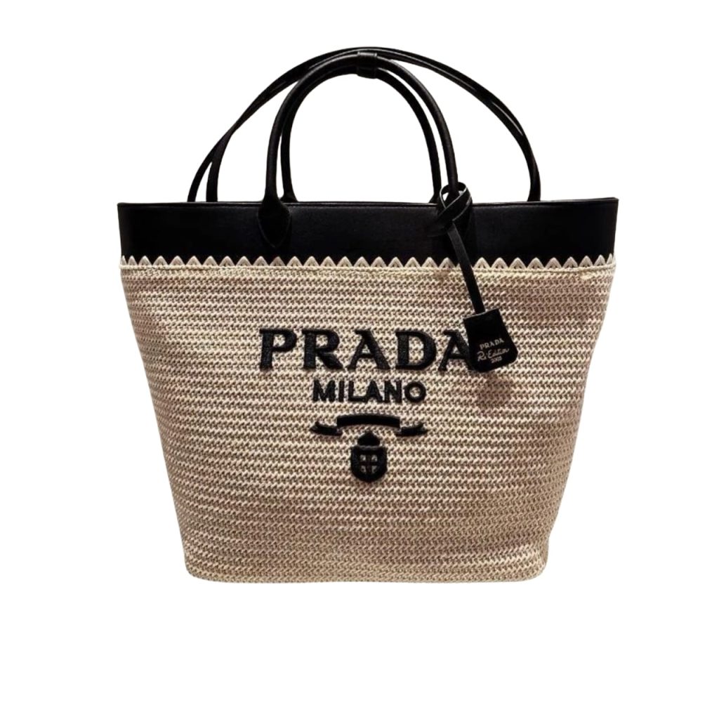 Prada Crochet And Leather Tote Bag Tan And Black 33Cm 1Bg499 2M2Q F0I55 V Goo - Image 2