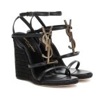 Saint Laurent Cassandra 115 Leather And Raffia Wedge Black Sandals - Image 7