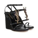 Saint Laurent Cassandra 115 Leather And Raffia Wedge Black Sandals
