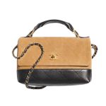 Chanel Large Flap Bag With Top Handle Shiny And Gold Tone Metal Brown Black 29Cm AS5637 B20827 U1536