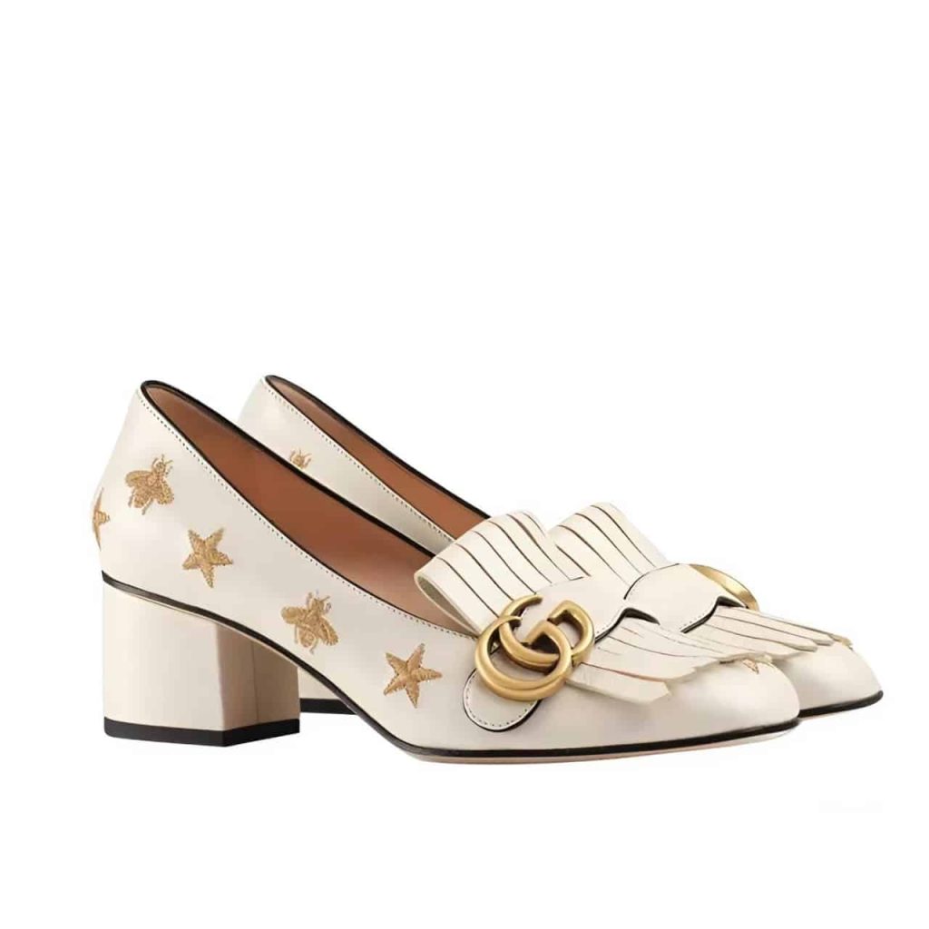 Gucci Marmont Embroidered Leather Mid Heel Pump Bee Star White 551548 D3v00 9022 - Image 2
