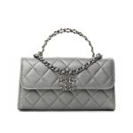 Chanel 23P Clutch With Chain Bag Grained Leather Silver 18cm