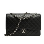 Chanel Maxi Classic Handbag Sliver Hardware Black 33Cm