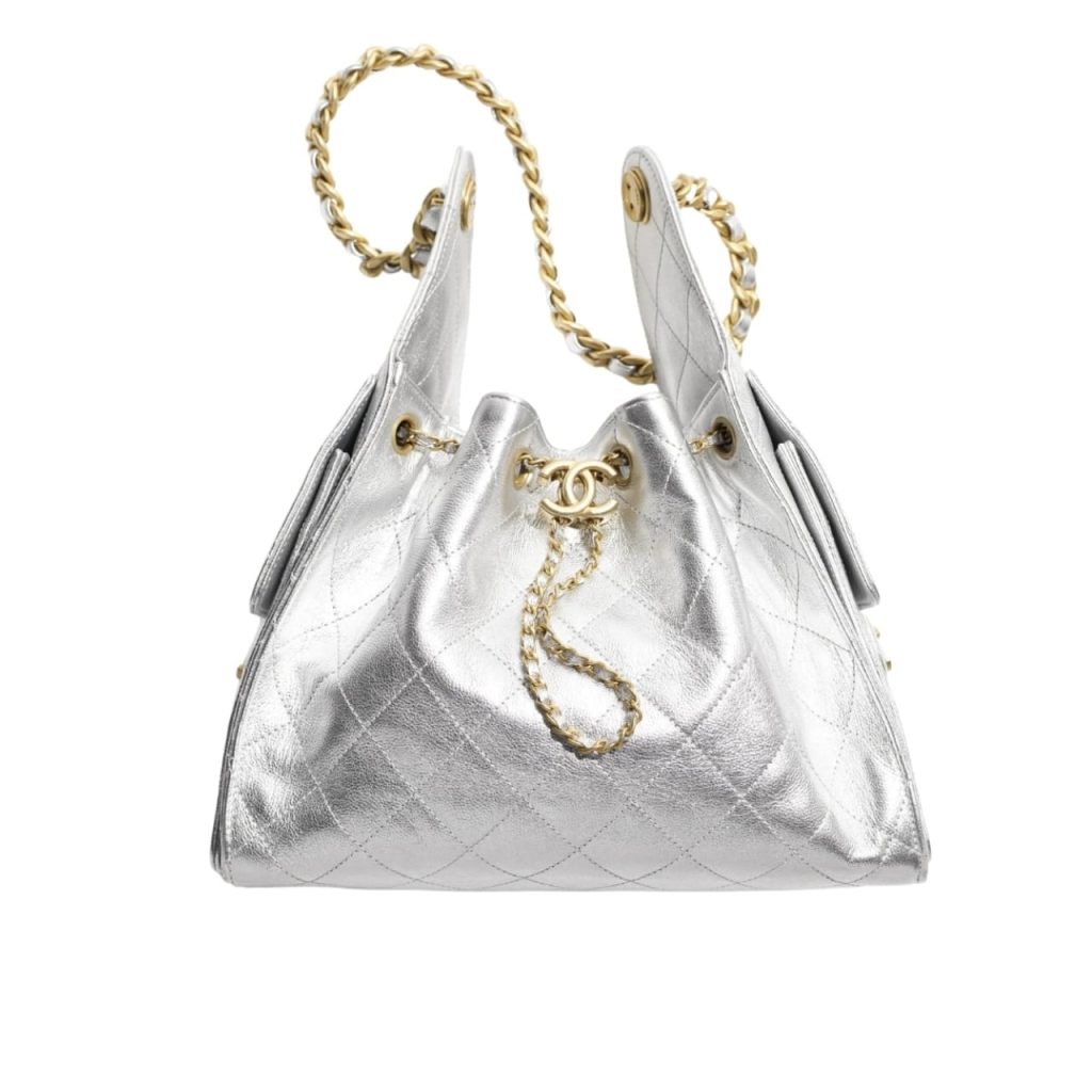 Chanel 25 Small Handbag Metallic Grained And Gold Tone Metal Silver 26cm AS5293 B20405 NZV67 - Image 2