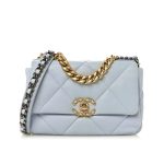 Chanel 19 Flap Bag Shiny Gold And Silver Tone Light Blue 26Cm
