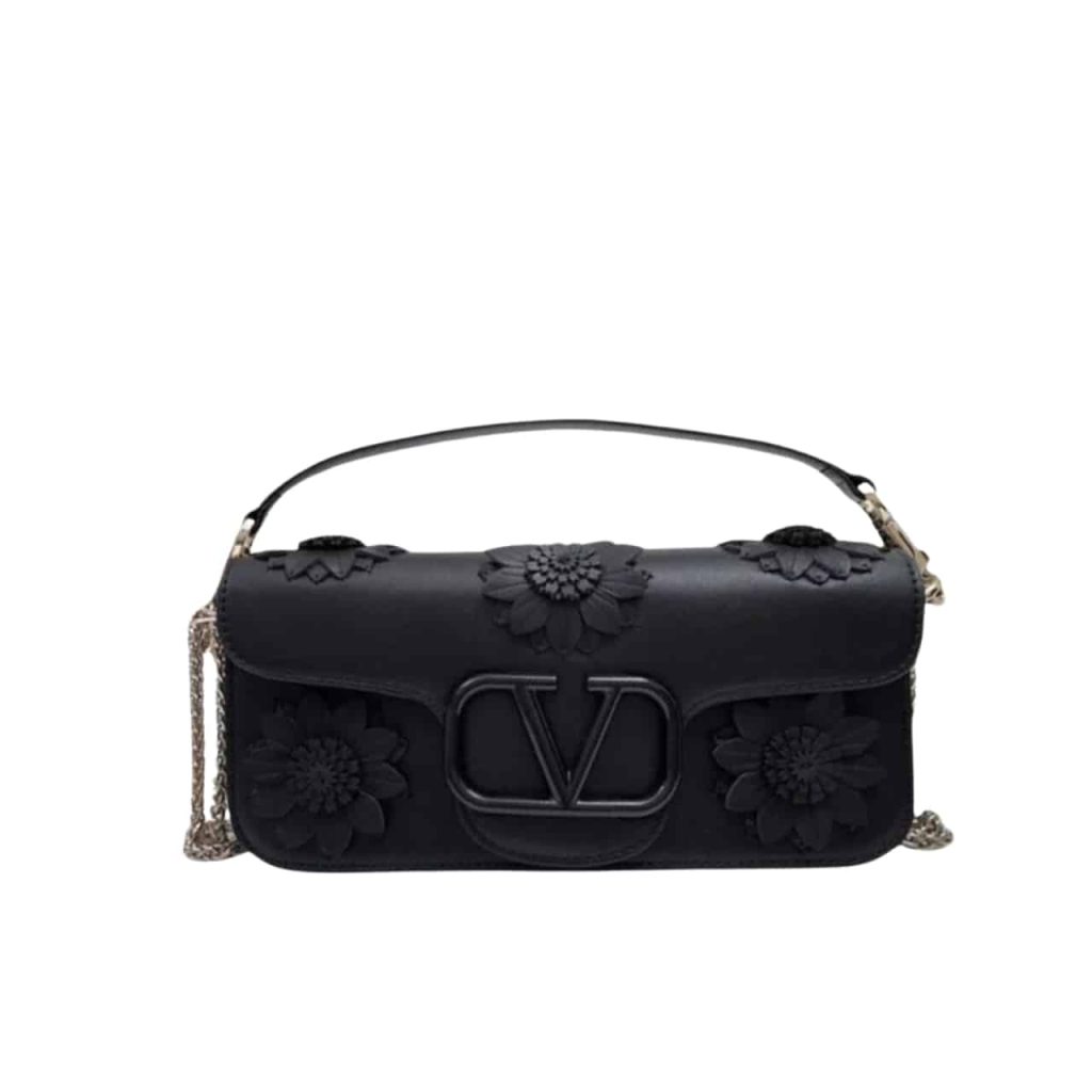 Valentino Garavani Loco Flower Applique Shoulder Bag Black 26Cm - Image 2