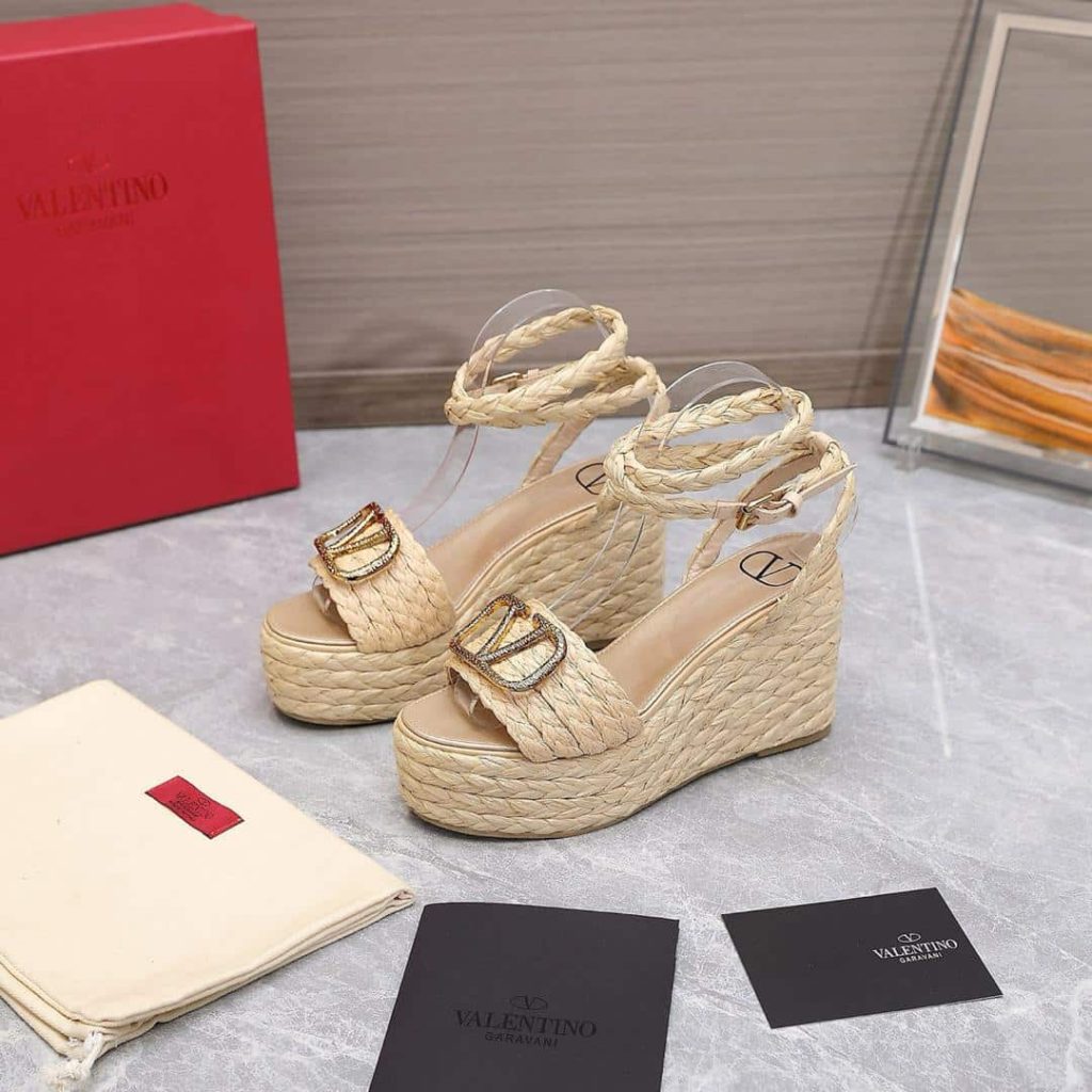 Valentino Garavani Vlogo Raffia Platform Wedge Sandals Natural - Image 11