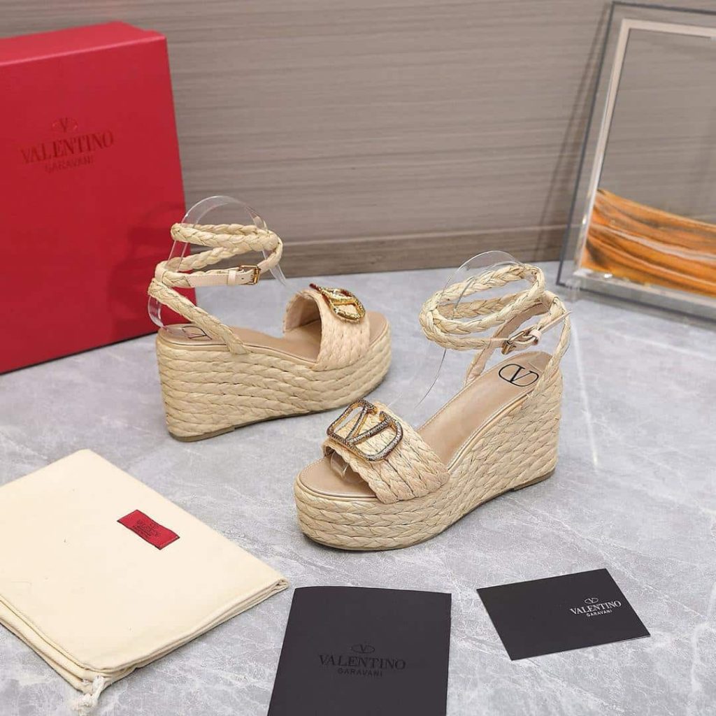 Valentino Garavani Vlogo Raffia Platform Wedge Sandals Natural - Image 6