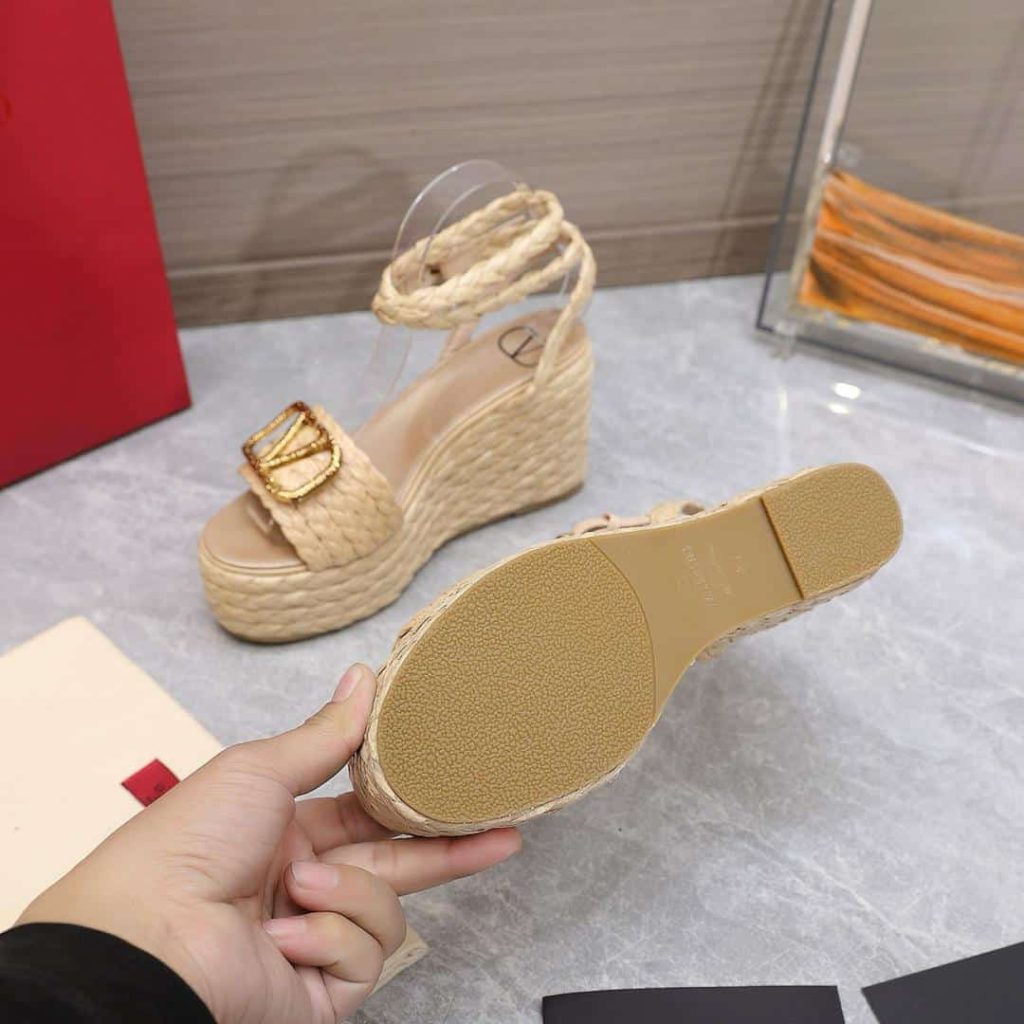 Valentino Garavani Vlogo Raffia Platform Wedge Sandals Natural - Image 5