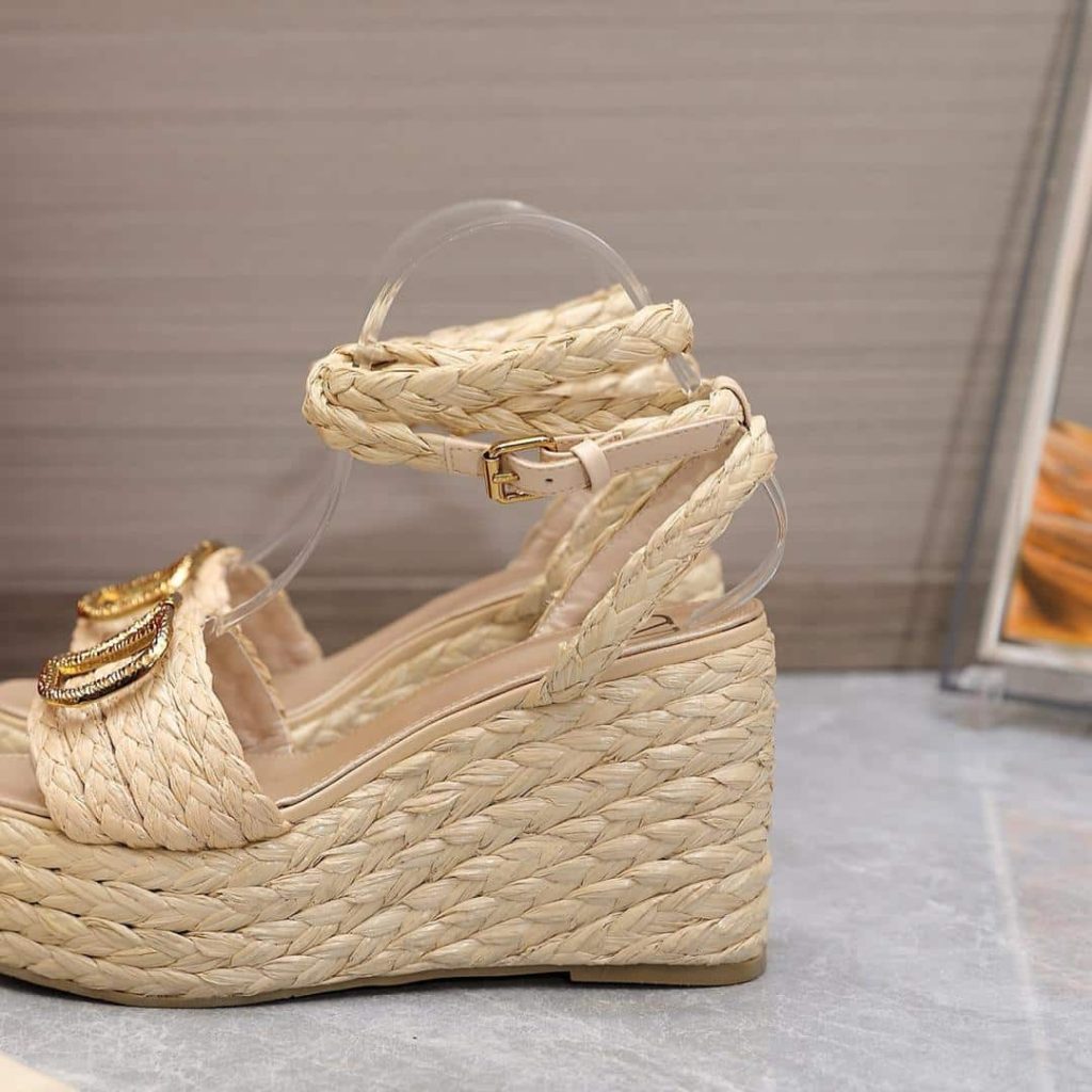 Valentino Garavani Vlogo Raffia Platform Wedge Sandals Natural - Image 3