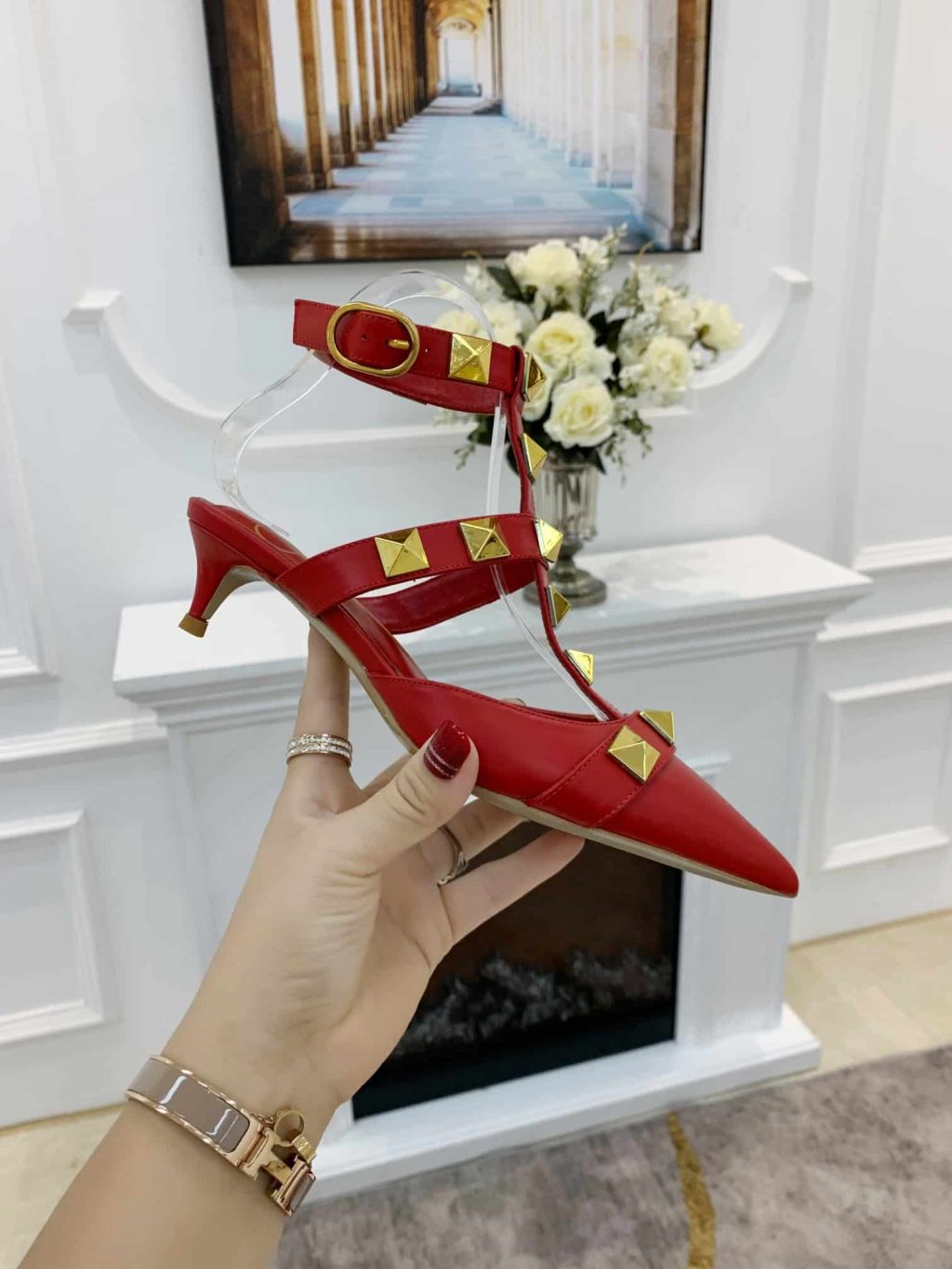Valentino Garavani Roman Stud Kitten Heel Pumps Red - Image 5