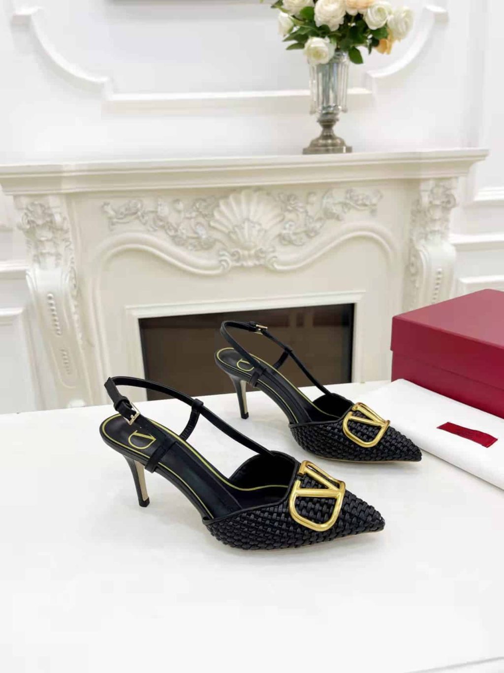 Valentino Garavani Vlogo Woven Leather Slingback Pumps Black - Image 6