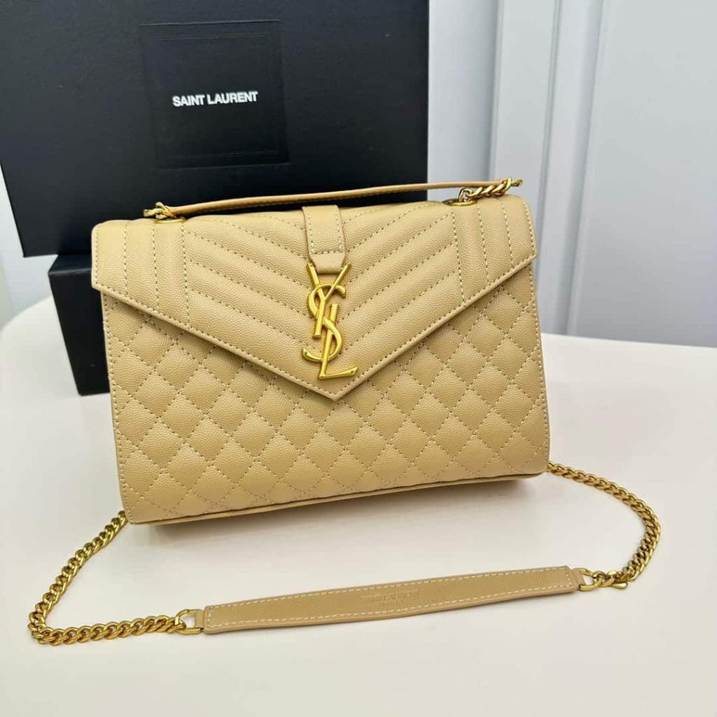 Saint Laurent Envelope Medium In Quilted Grain De Poudre Embossed Leather Bag Beige 24Cm 600185BOW912721 - Image 3