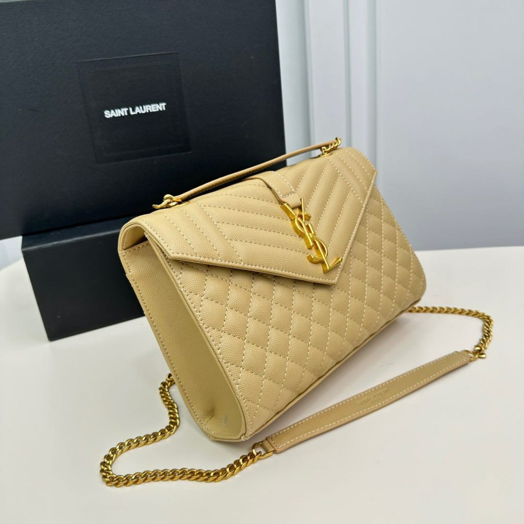 Saint Laurent Envelope Medium In Quilted Grain De Poudre Embossed Leather Bag Beige 24Cm 600185BOW912721 - Image 4