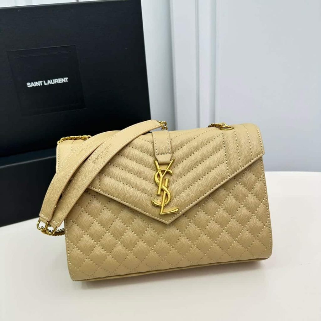 Saint Laurent Envelope Medium In Quilted Grain De Poudre Embossed Leather Bag Beige 24Cm 600185BOW912721 - Image 8