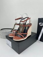 Saint Laurent Cassandra 115 Leather And Raffia Wedge Brown Sandals - Image 3