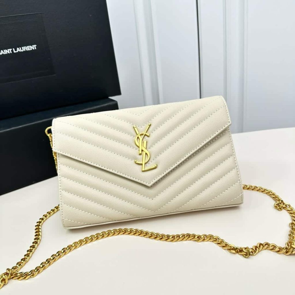 Saint Laurent Classic Cassandre Chain Wallet In Grain De Poudre Leather White 24Cm 377828BOW019207 - Image 3