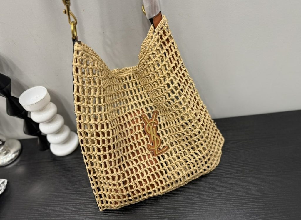 Saint Laurent Oxalis In Raffia Crochet And Leather Naturel 41Cm 773984Gaaeb9718 - Image 4