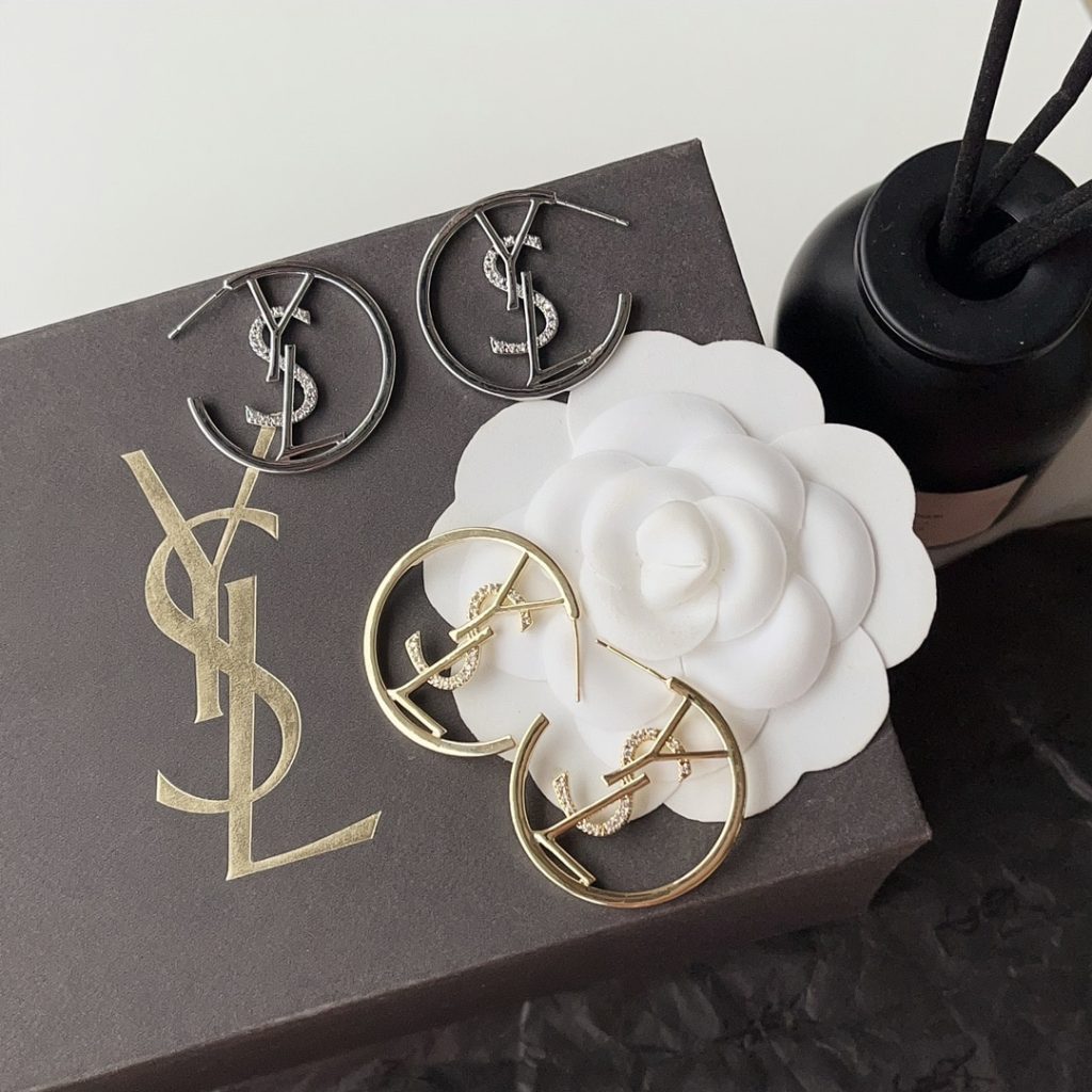 Saint Laurent Ysl Hoop Earrings With Crystal Silver Tone - Image 5