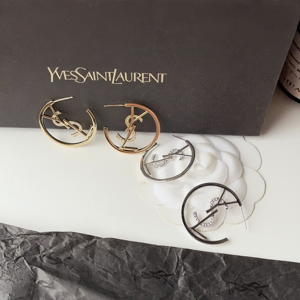 Saint Laurent Ysl Hoop Earrings With Crystal Silver Tone - Image 4