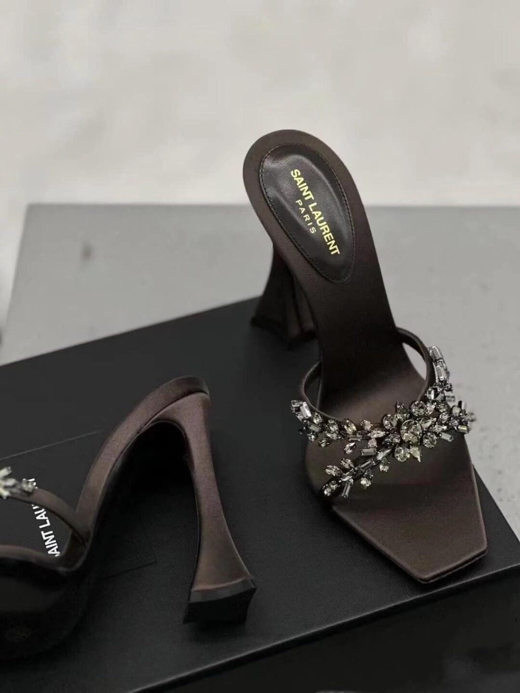 Saint Laurent Liz Mules In Satin And Rhinestones Black - Image 7