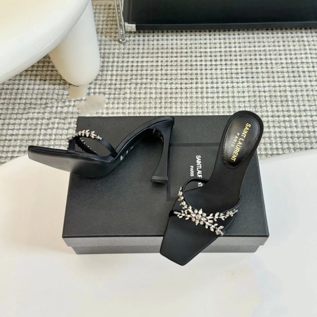 Saint Laurent Liz Mules In Satin And Rhinestones Black - Image 6