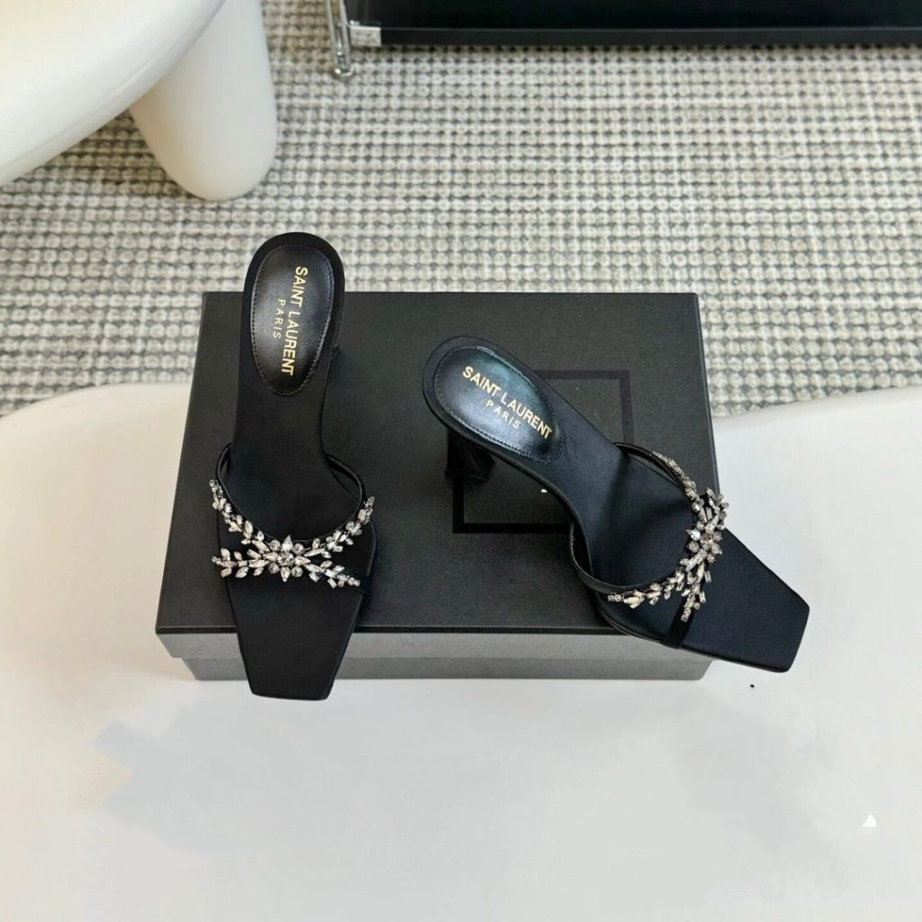 Saint Laurent Liz Mules In Satin And Rhinestones Black - Image 5