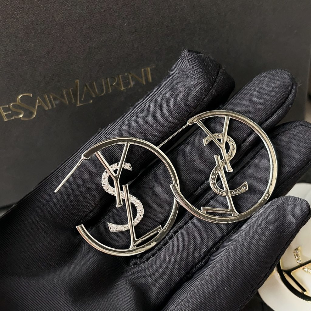 Saint Laurent Ysl Hoop Earrings With Crystal Silver Tone - Image 3