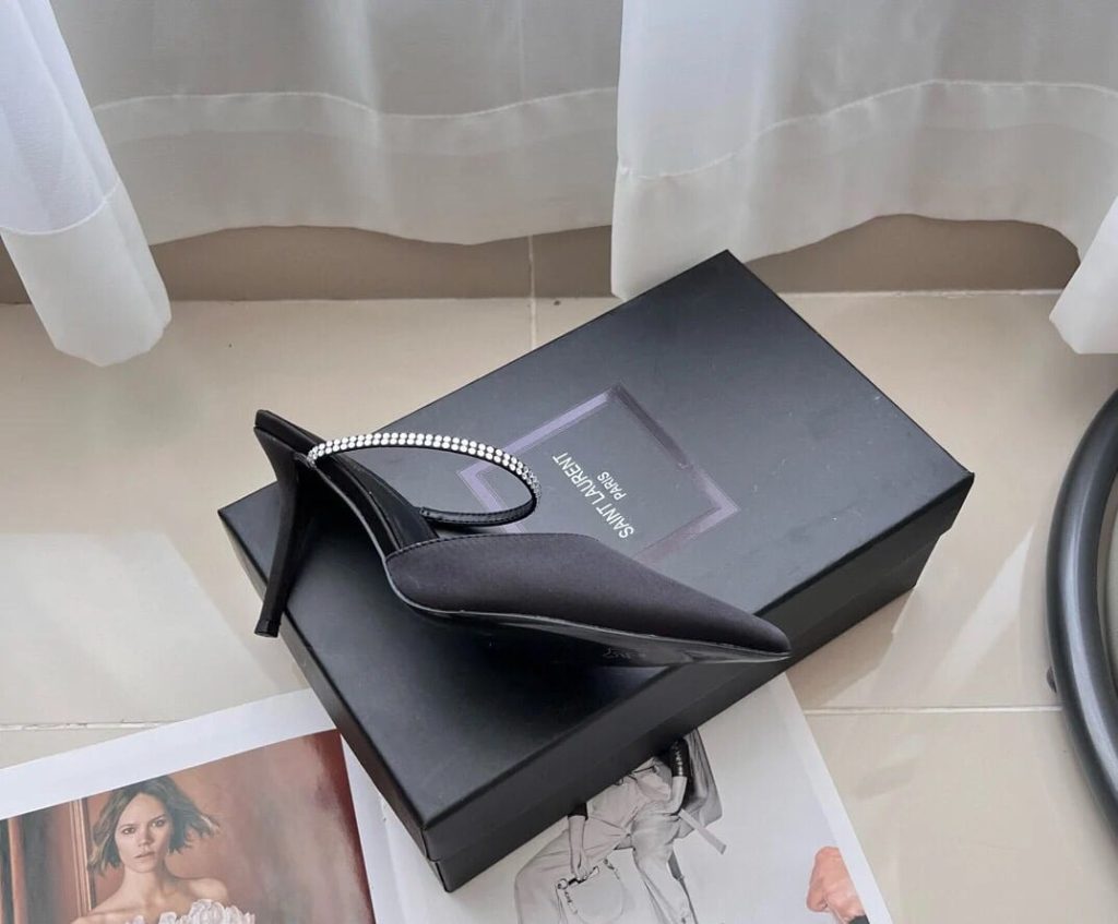 Saint Laurent Barbara Mules Satin And Rhinestones In Black 7997159Qn0A1021 - Image 6