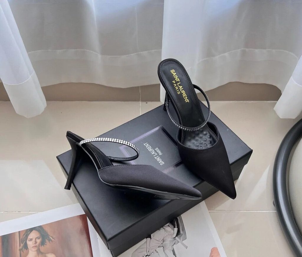 Saint Laurent Barbara Mules Satin And Rhinestones In Black 7997159Qn0A1021 - Image 3