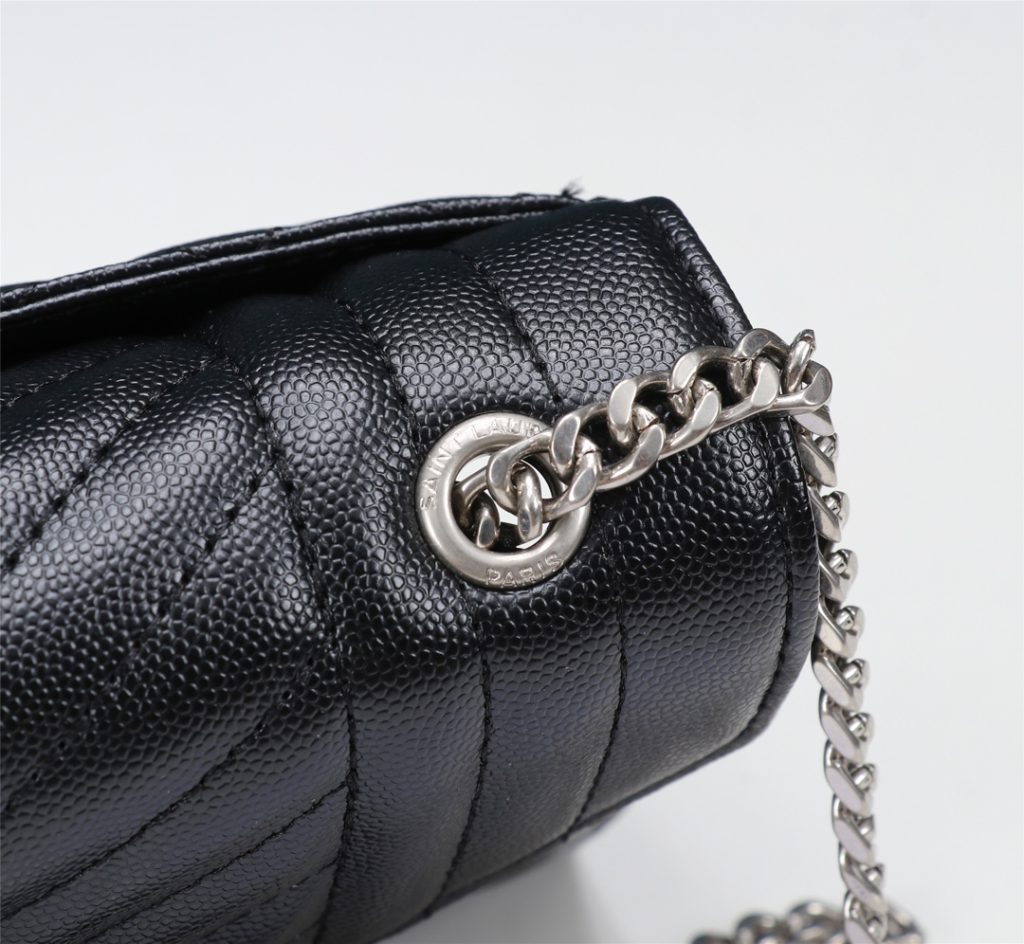 Saint Laurent Envelope Small In Quilted Grain De Poudre Embossed Leather Black Silver 21cm 600195BOW921000 - Image 9