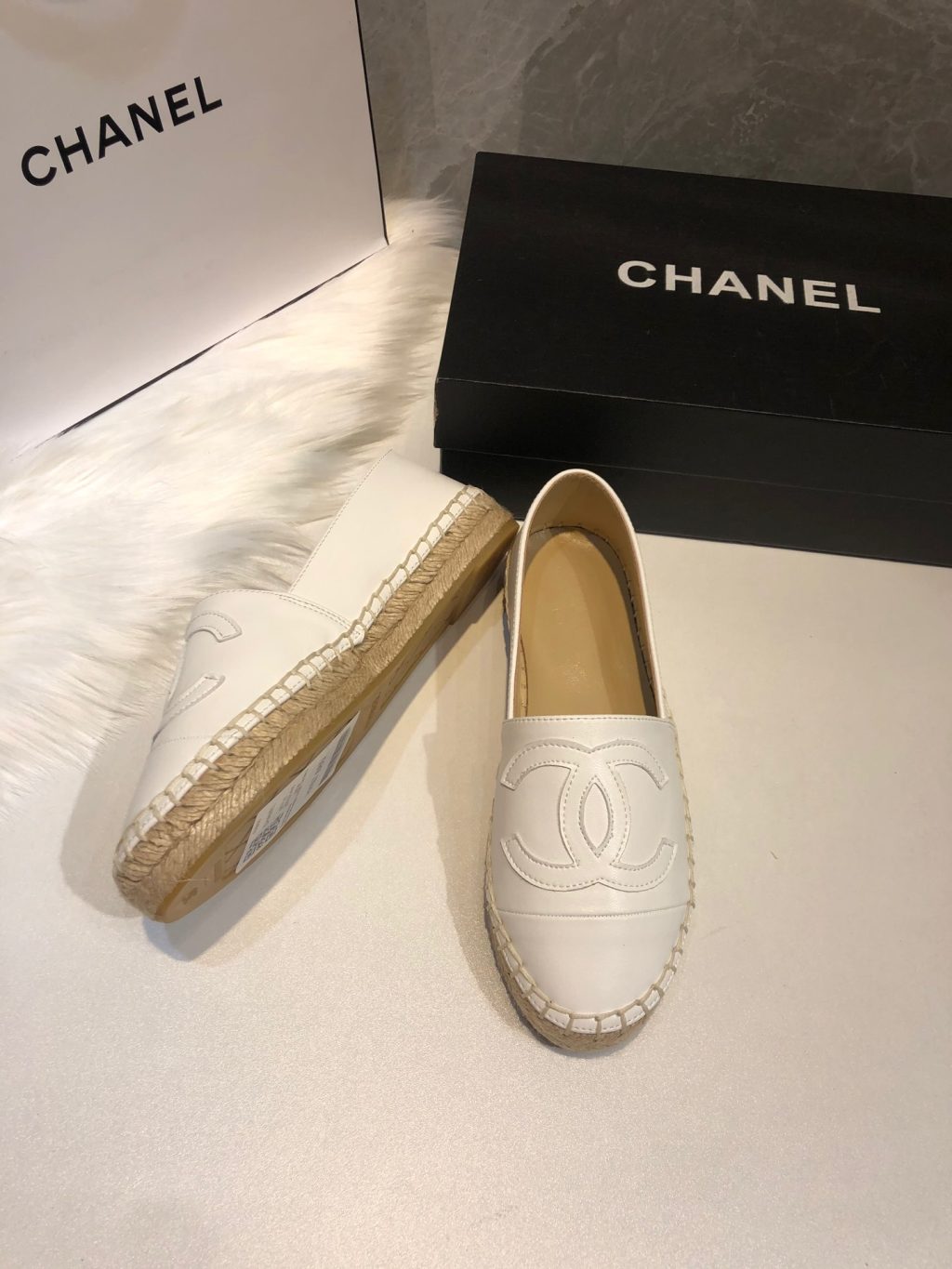 Chanel Embroidered Espadrille Leather Cap Toe Flats White - Image 8