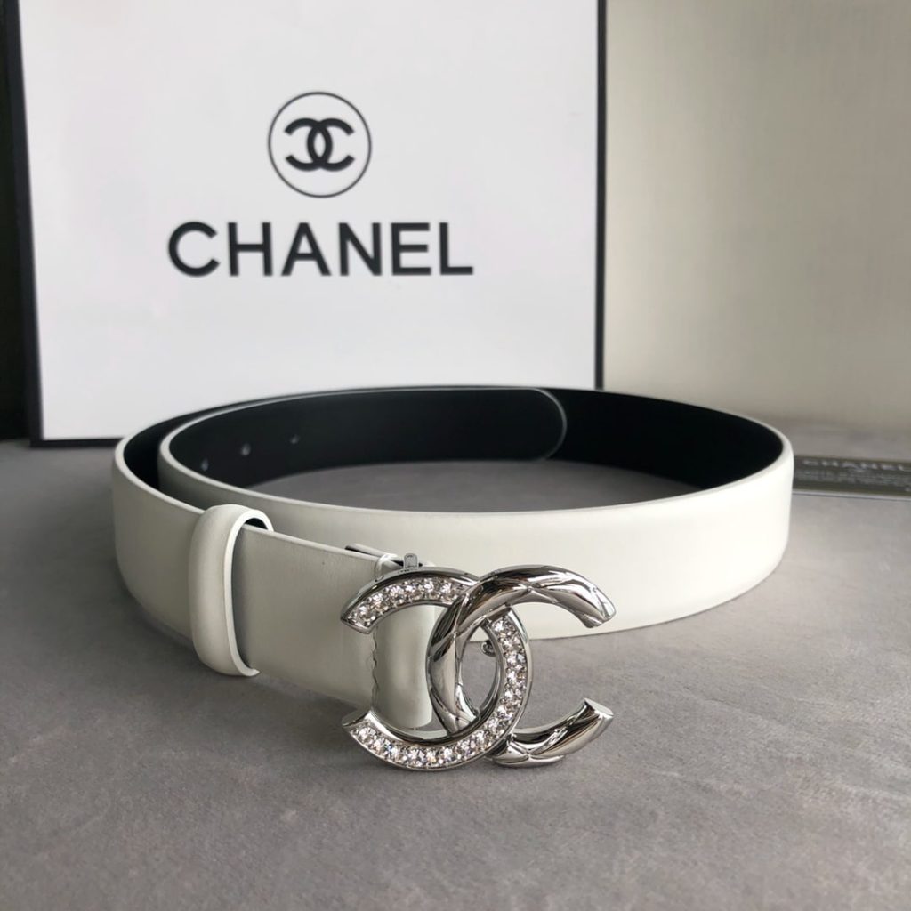 Chanel Leather Belt With Cc Pearl And Silver Tone Metal White 3Cm - Image 4