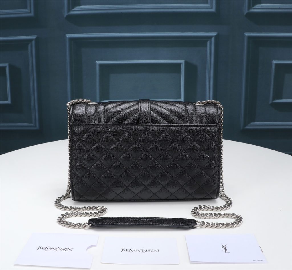 Saint Laurent Envelope Small In Quilted Grain De Poudre Embossed Leather Black Silver 21cm 600195BOW921000 - Image 4