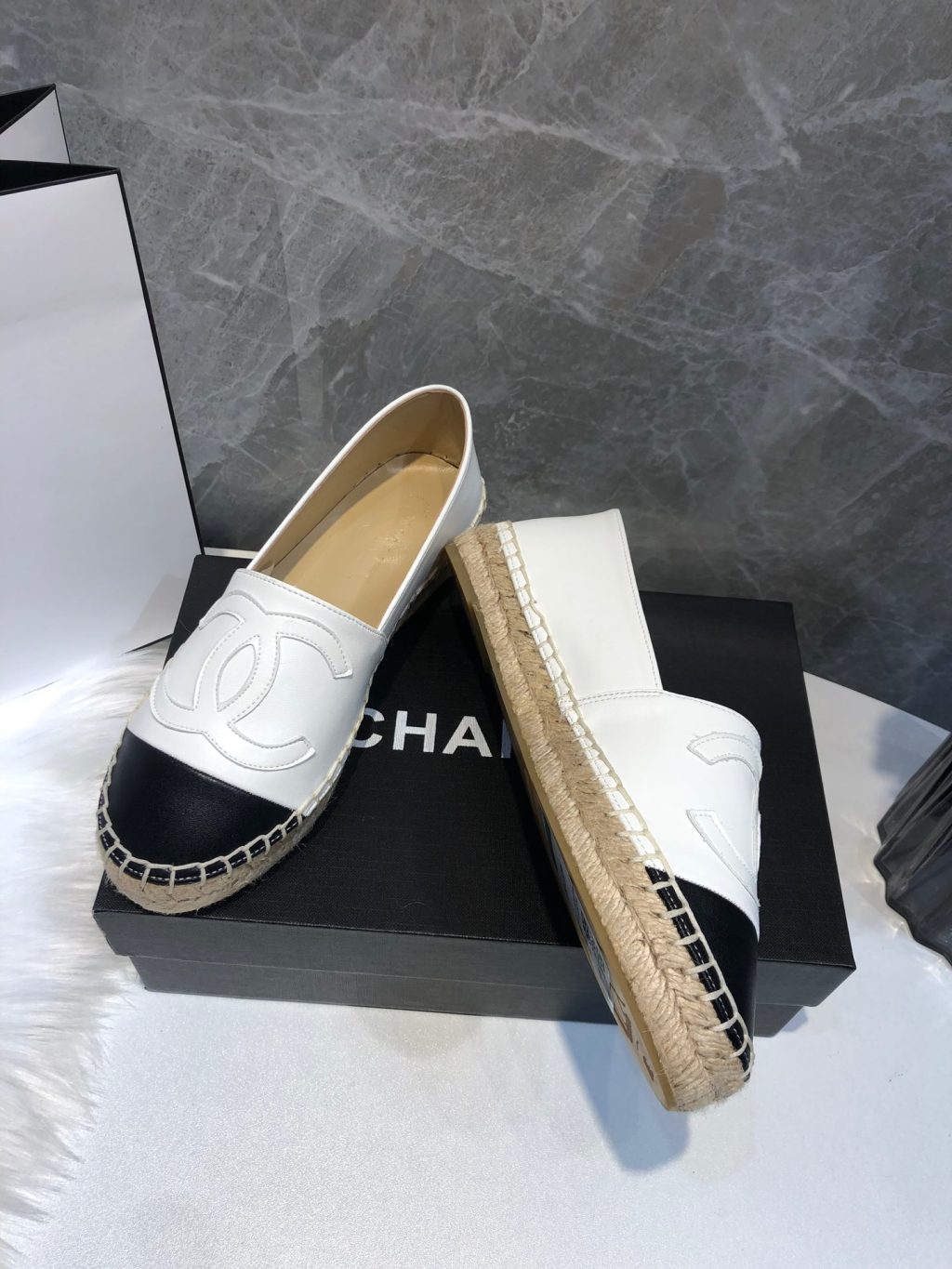 Chanel Embroidered Espadrille Leather Black Cap Toe Flats White CC - Image 10