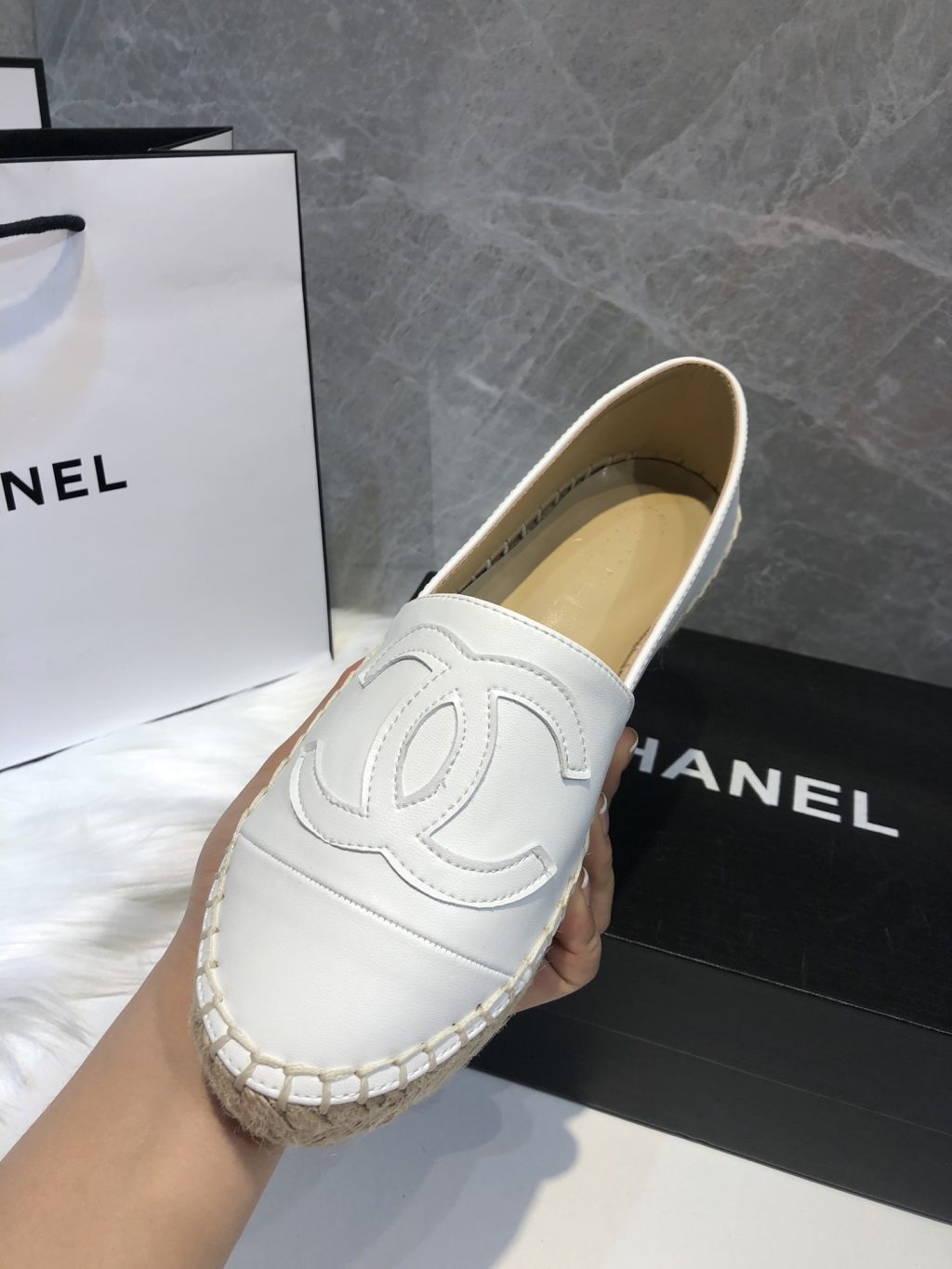Chanel Embroidered Espadrille Leather Cap Toe Flats White - Image 10