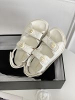 Chanel Cc Button Velcro White Sandals Grained Leather - Image 10