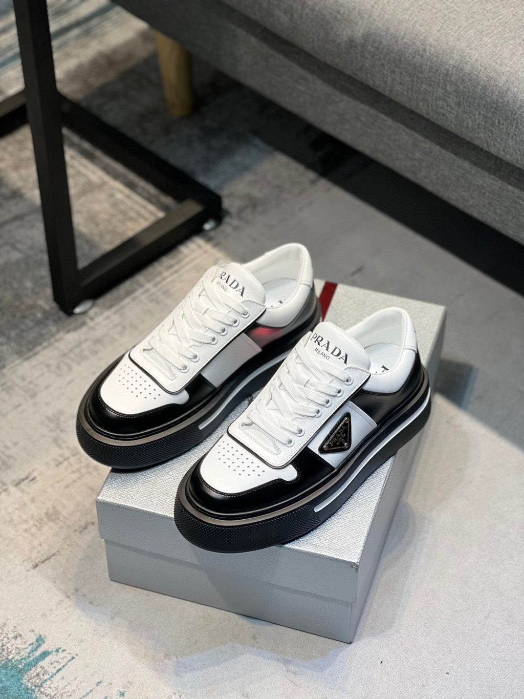 Prada Leather Fashion Sneakers Black White - Image 3