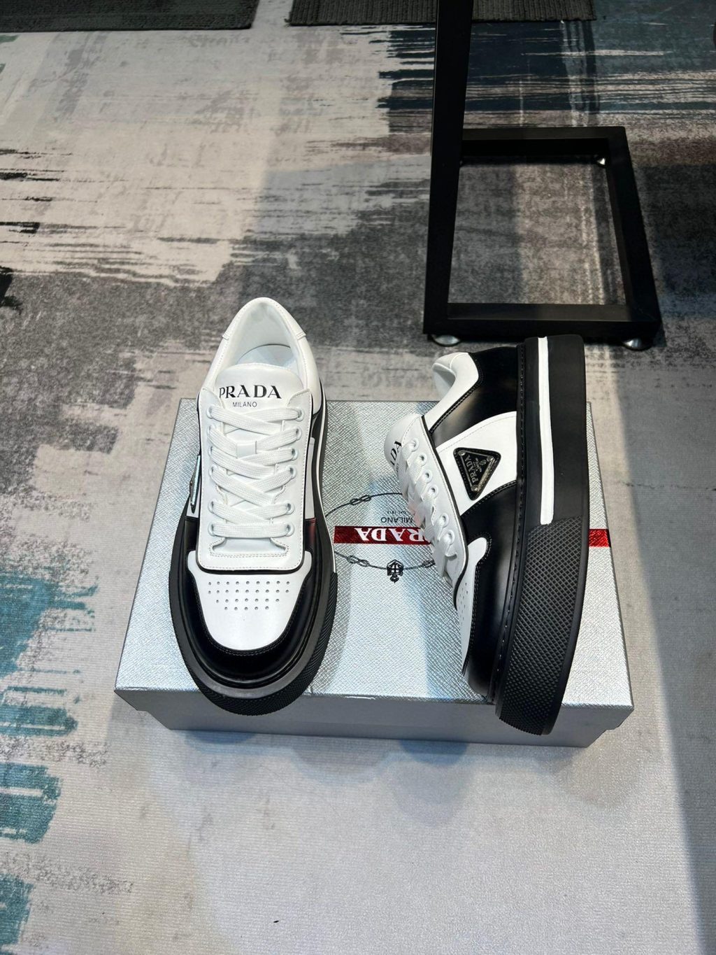 Prada Leather Fashion Sneakers Black White - Image 2