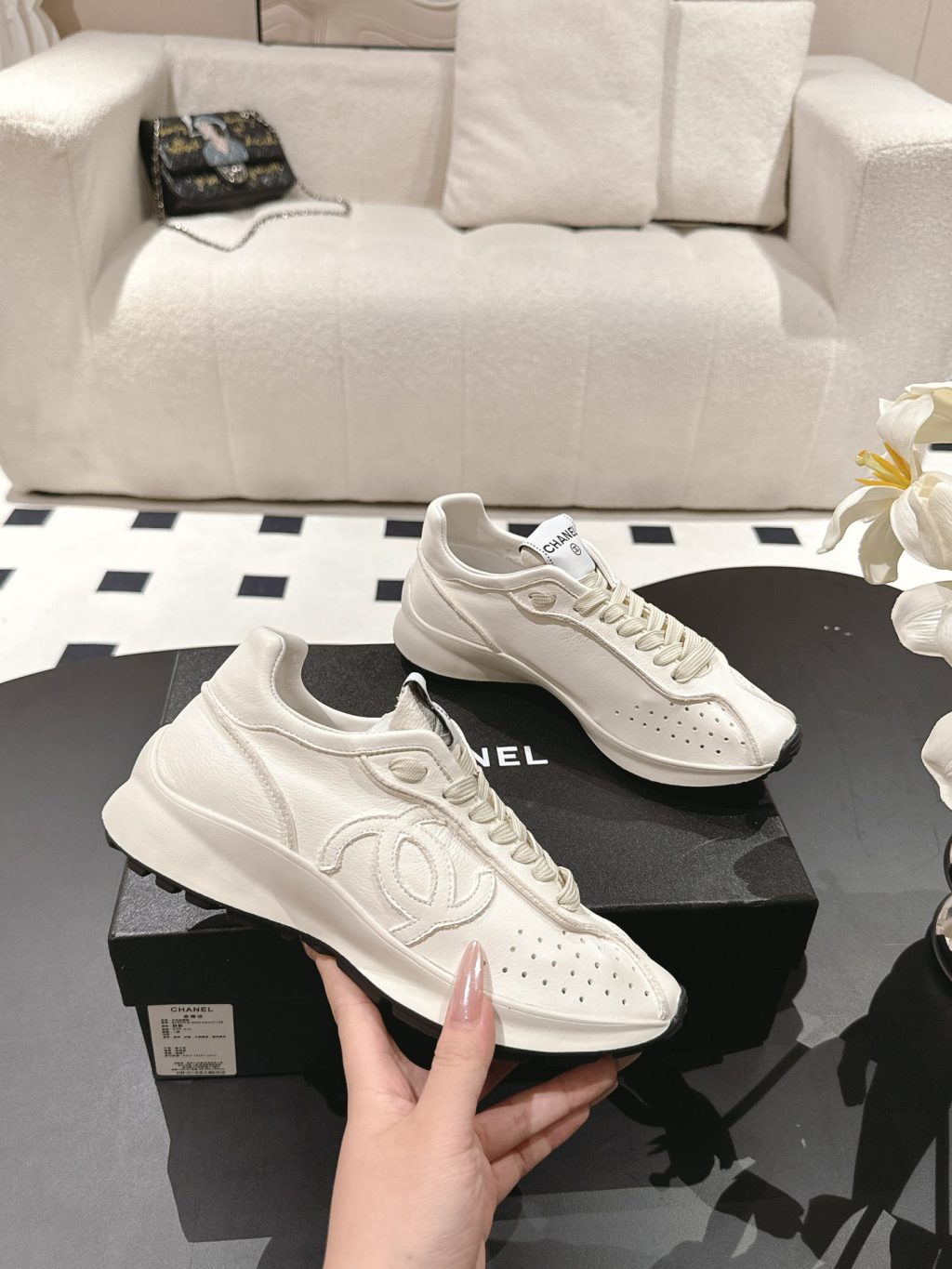 CHANEL Calfskin White Sneakers - Image 4