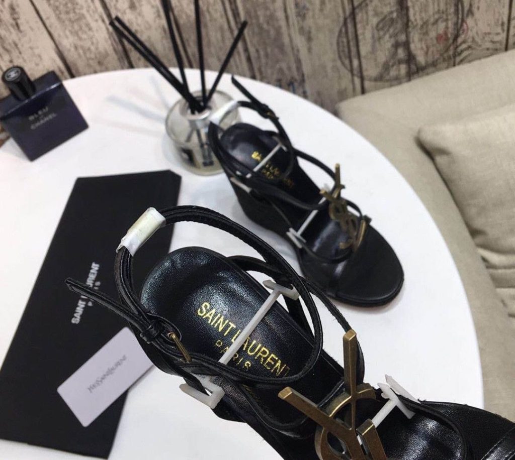 Saint Laurent Cassandra 115 Leather And Raffia Wedge Black Sandals - Image 5