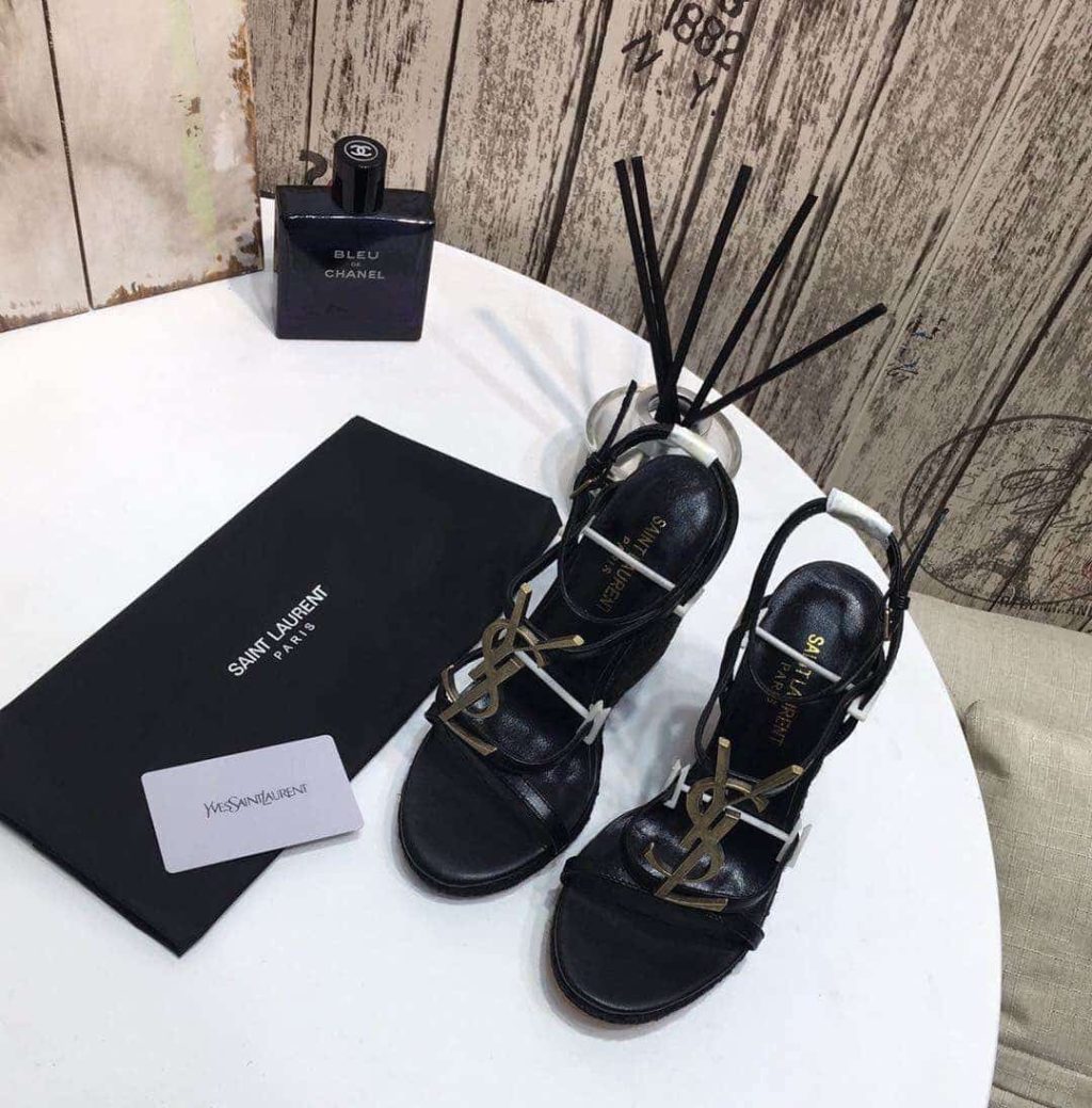 Saint Laurent Cassandra 115 Leather And Raffia Wedge Black Sandals - Image 3