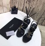 Saint Laurent Cassandra 115 Leather And Raffia Wedge Black Sandals - Image 3