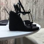 Saint Laurent Cassandra 115 Leather And Raffia Wedge Black Sandals - Image 4